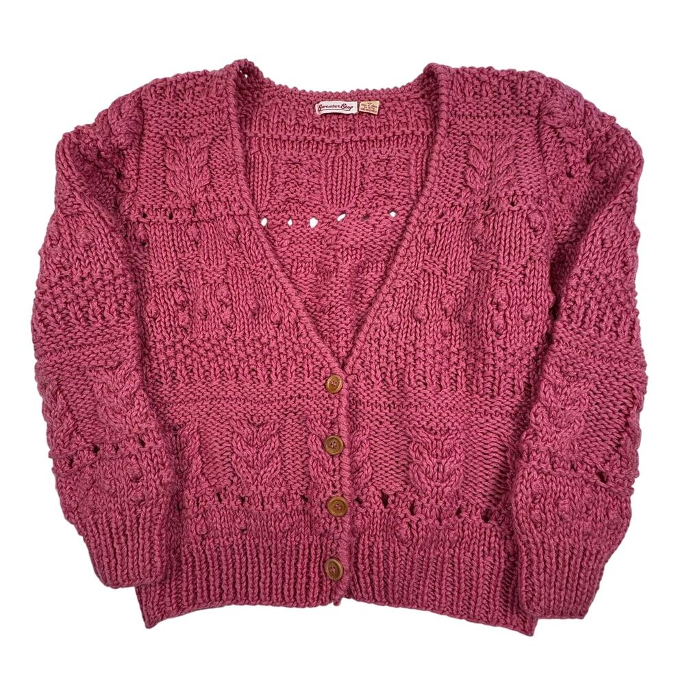 Vintage Sweater Stop Chunky Cardigan Sweater Women's M Fuchsia Pink Cozy